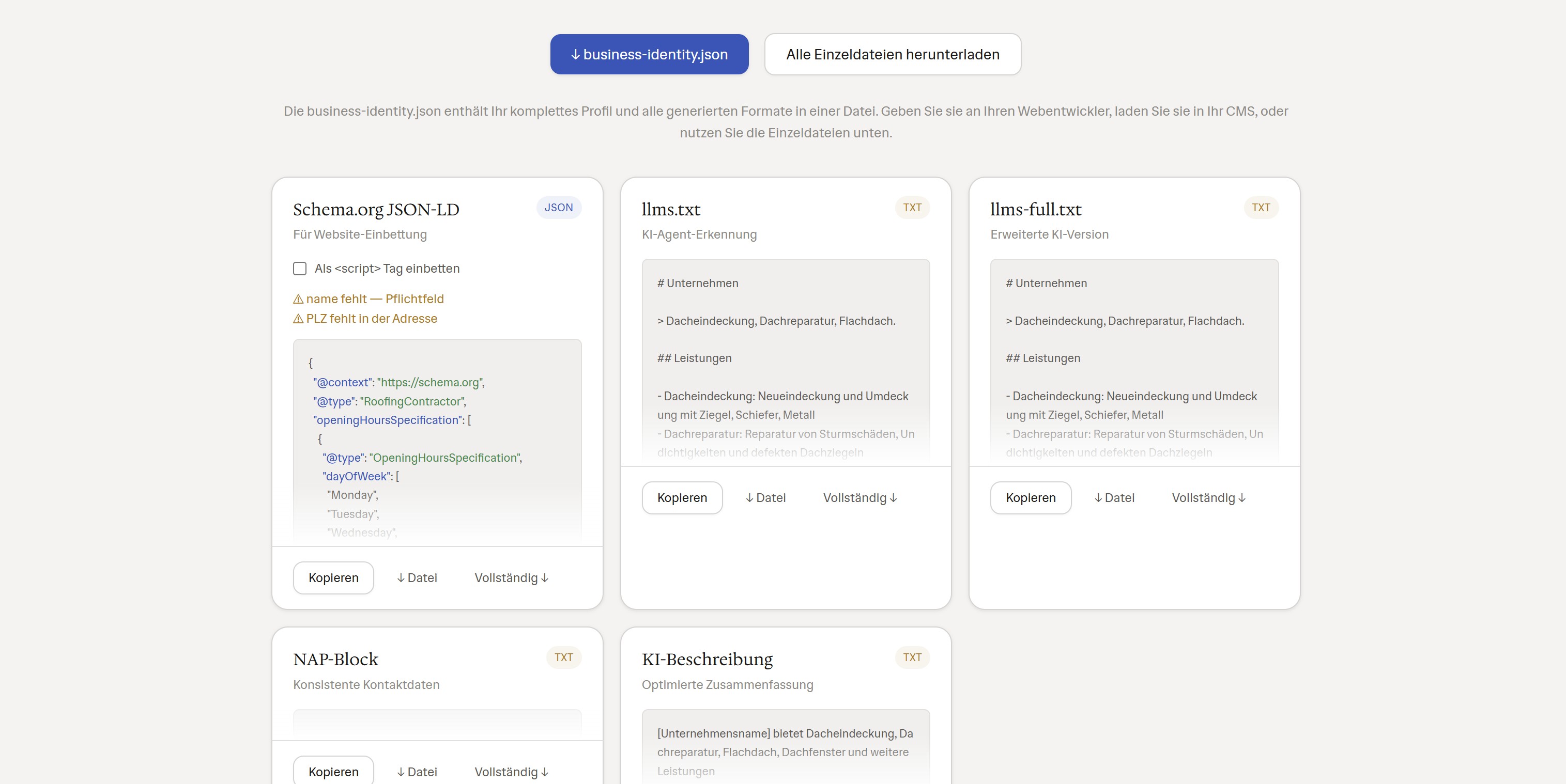 FirmSpec App: Strukturierte Unternehmensdaten als JSON-LD und llms.txt erstellen – Profil-Editor mit Exportvorschau
